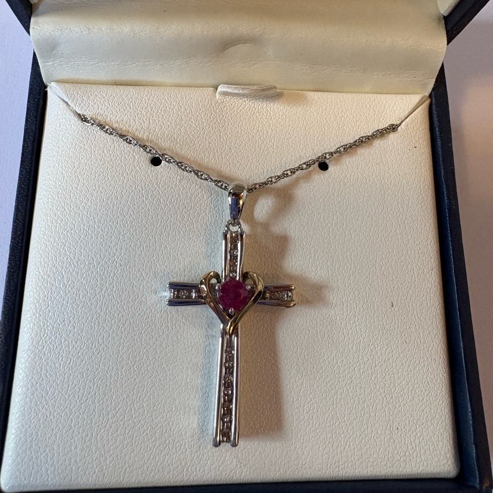 Elegant .925 Silver and Garnet 14K gold Heart Cross Necklace